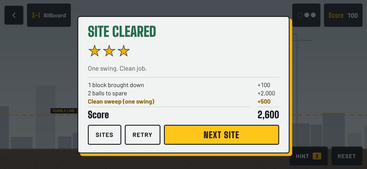 The Site cleared card with three stars and a score breakdown.