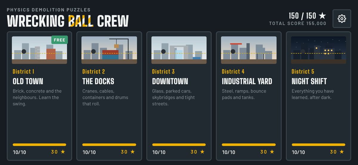 The district menu: Old Town, The Docks, Downtown, Industrial Yard and Night Shift.