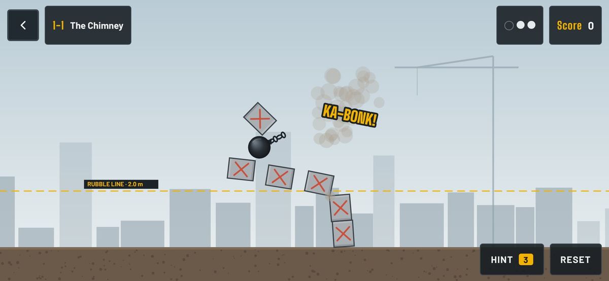 The wrecking ball knocks blocks off an old chimney: KA-BONK!